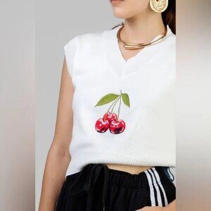 NEW Cherry Embroidered Knit Vest in White, Size M